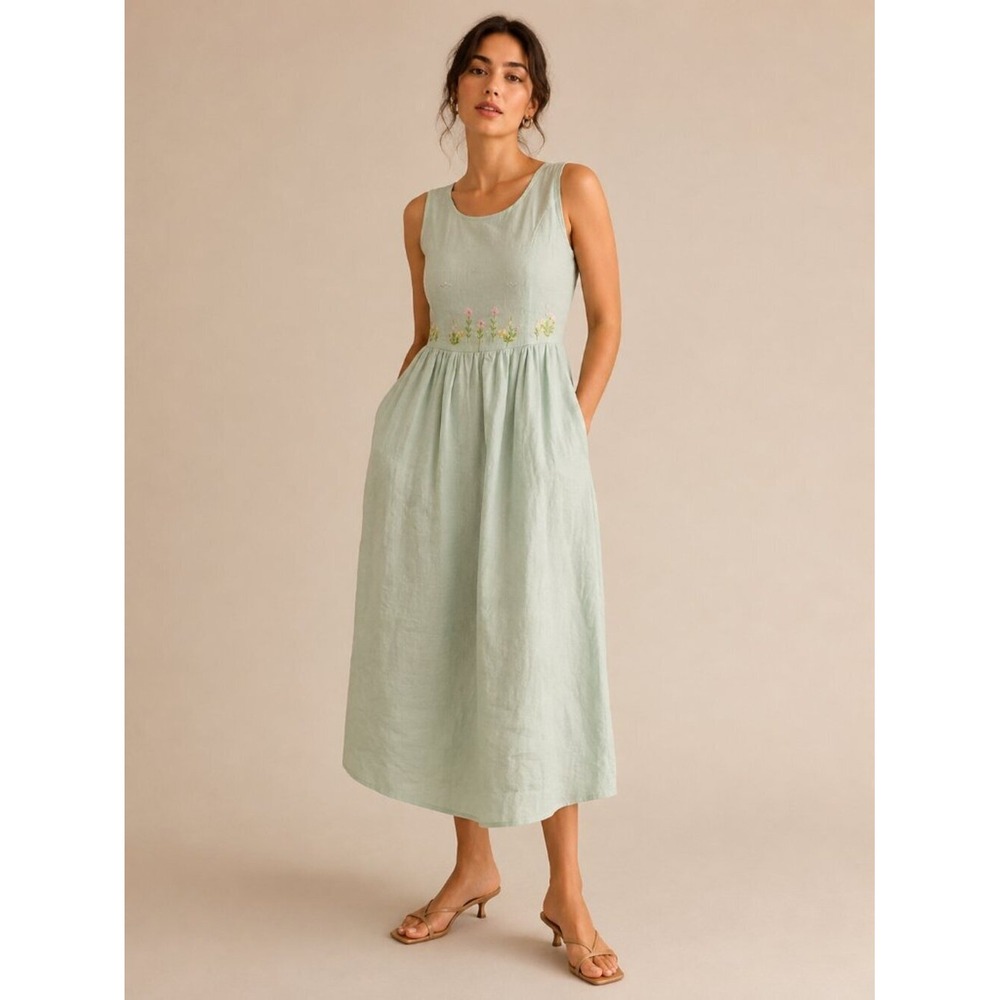 NWT TACH Mint Green Floral Embroidered Linen Midi Dress